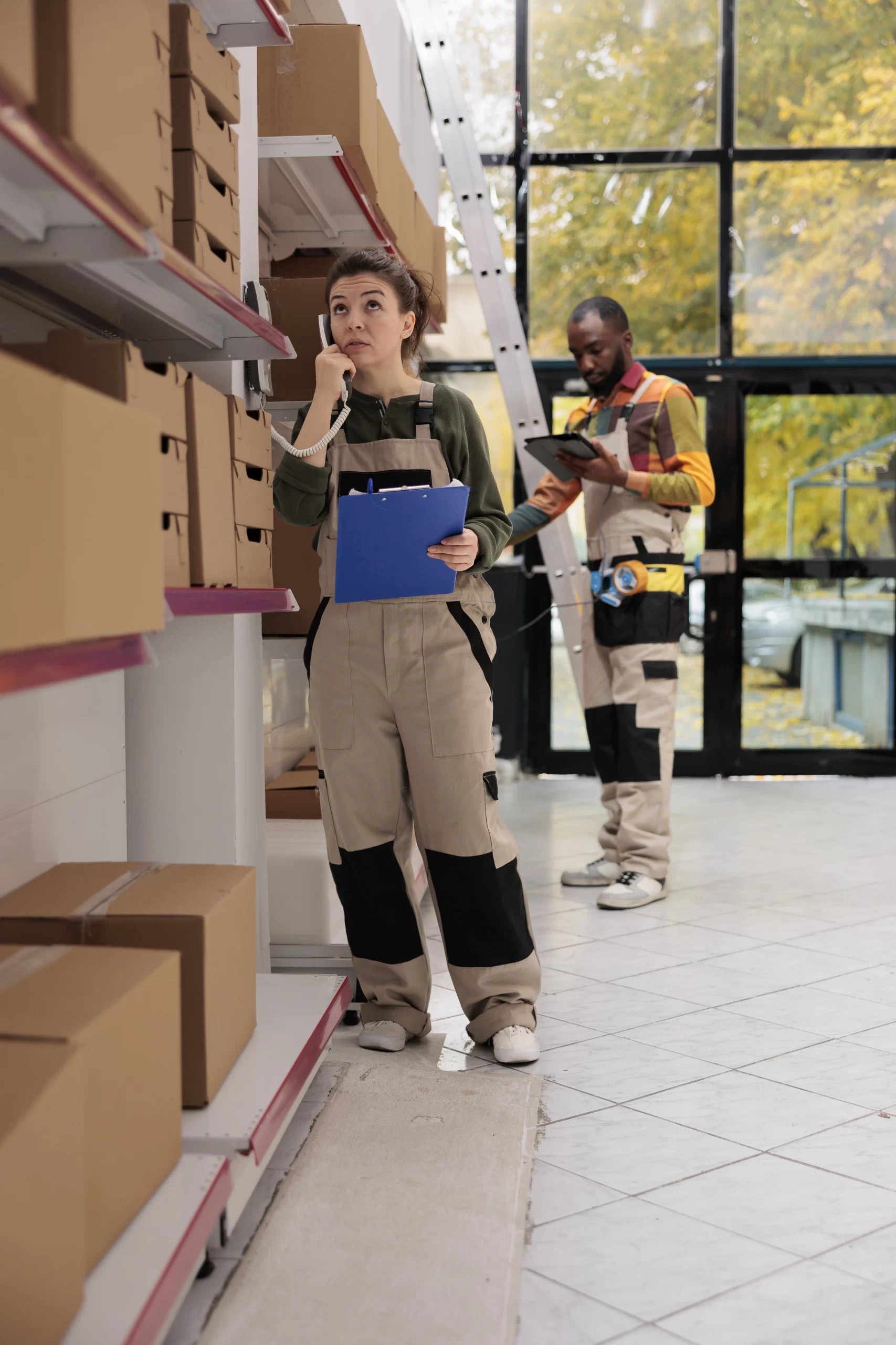storage-room-worker-discussing-products-quality-control-with-remote-supervisor-using-landline-phone-warehouse-storehouse-manager-preparing-customers-orders-working-packages-shipment